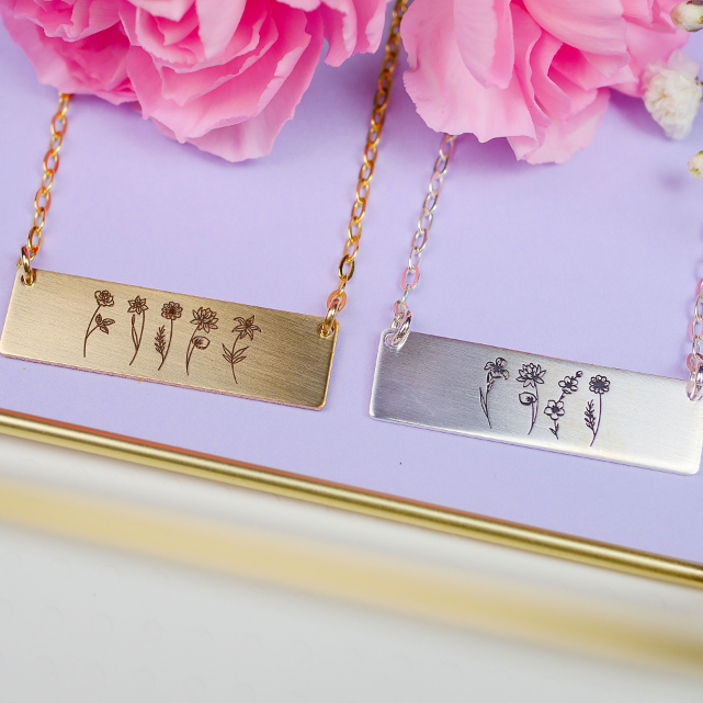 Birth Month Flower Collage Necklace - Custom Engraving