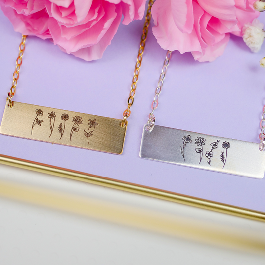 Birth Month Flower Collage Necklace - Custom Engraving