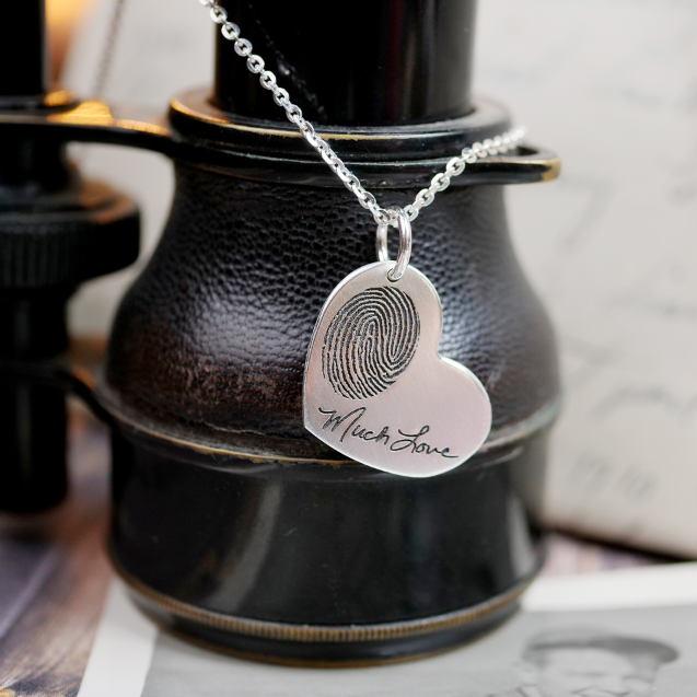 Fingerprint with Handwriting Heart Necklace - Custom Engraving