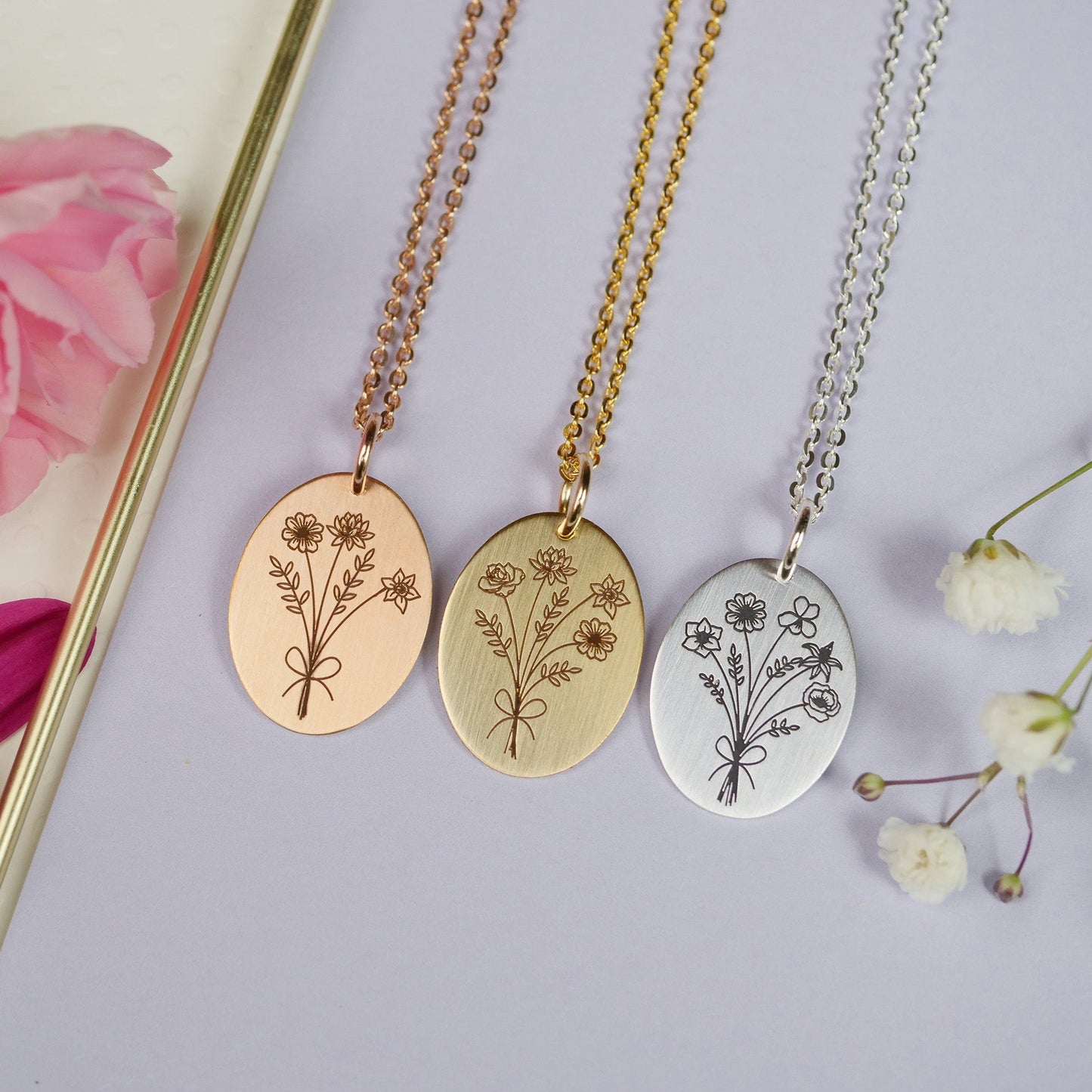 Birth Month Flower Bouquet Necklace - Custom Engraving