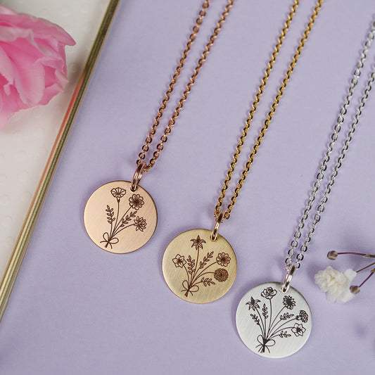 Birth Month Flower Bouquet Necklace - Custom Engraving