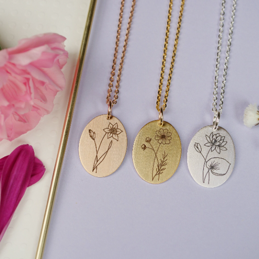 Birth Month Flower Necklace - Custom Engraving