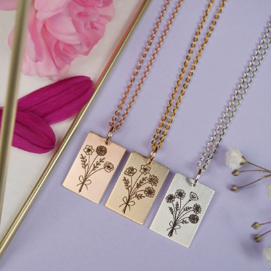 Birth Month Flower Bouquet Necklace - Custom Engraving