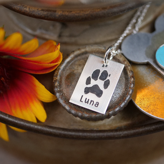 Your pet's actual paw print and quote custom engraved memorial pendant  necklace Sterling silver or Gold